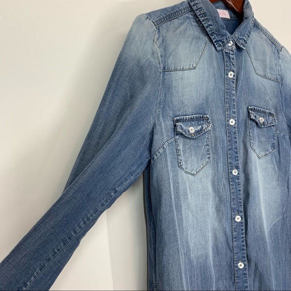 Pink Lily Blue Fade Lyocell Long Sleeve Casual Button Up Tunic Dress Size Small - Picture 3 of 15